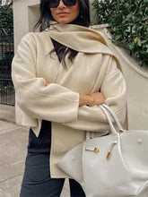 Tossy Weiß Patchwork Schal Damen Mantel Lose Hohe Taille Elegant Langarm Strickjacke Wolle Tasche Mode Cropped Outwear Frauen